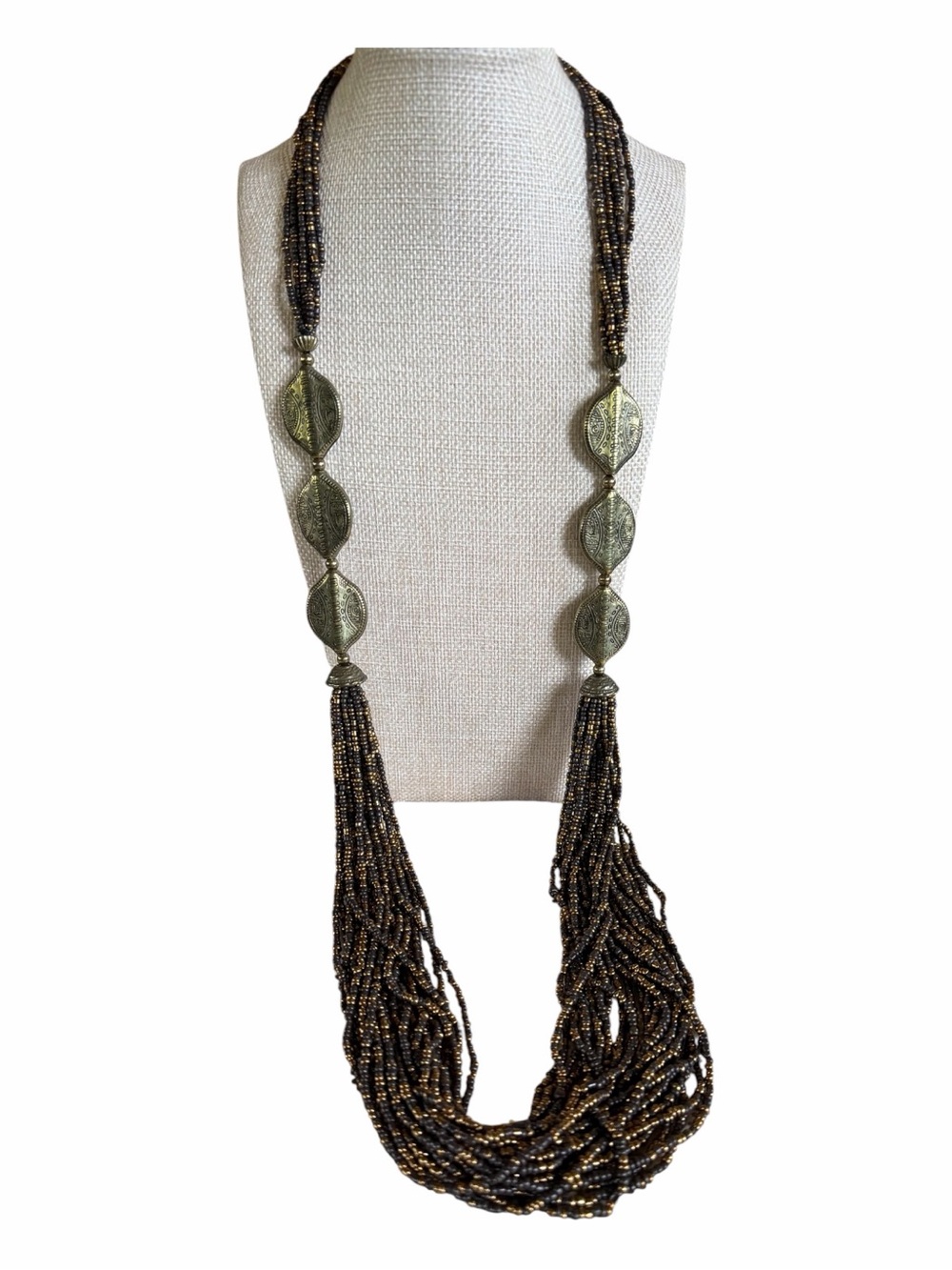 Bronze Multi-Strand Beaded Necklace with Antique Gold Accents